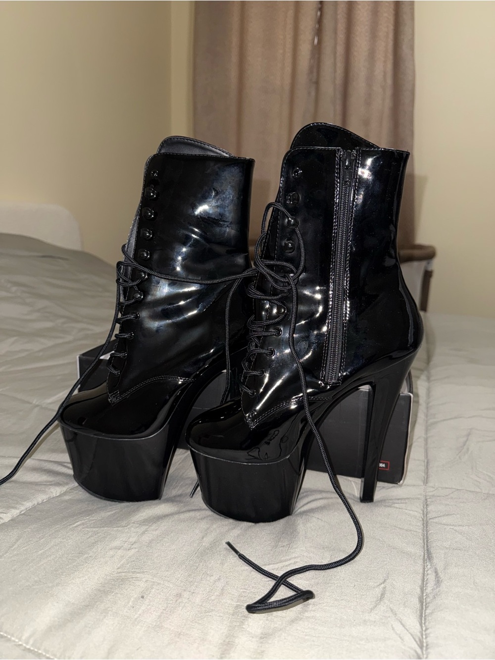 Pleaser Black Patent Platform Lace-Up Ankle Boots with Side Zip